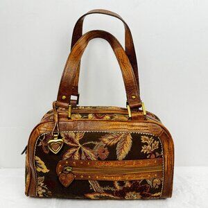 Vtg Sharif Studio 2 Handle Purse Genuine Leather Trim Floral Tapestry Brown Gold